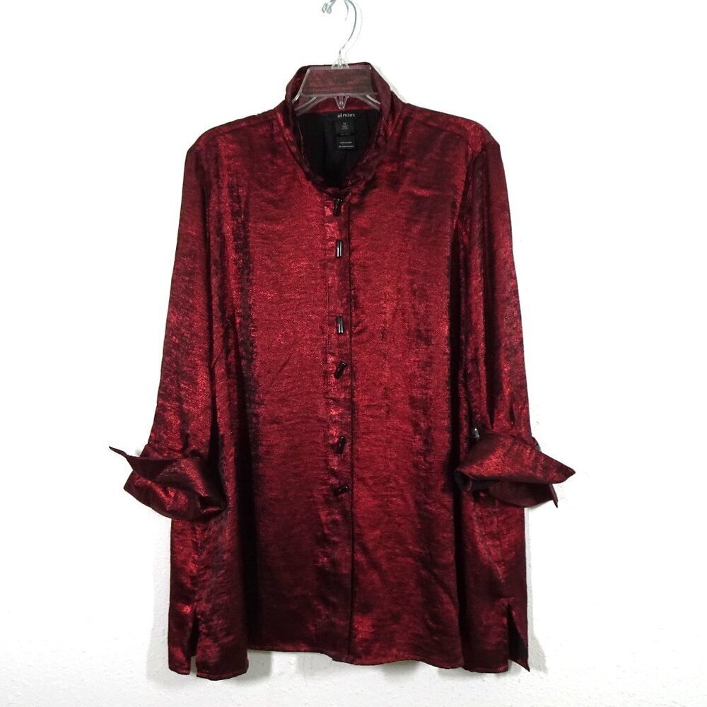 Ali Miles Tunic Top Women's Size 1X Red Black Metallic 3/4 Sleeve Wire Collar